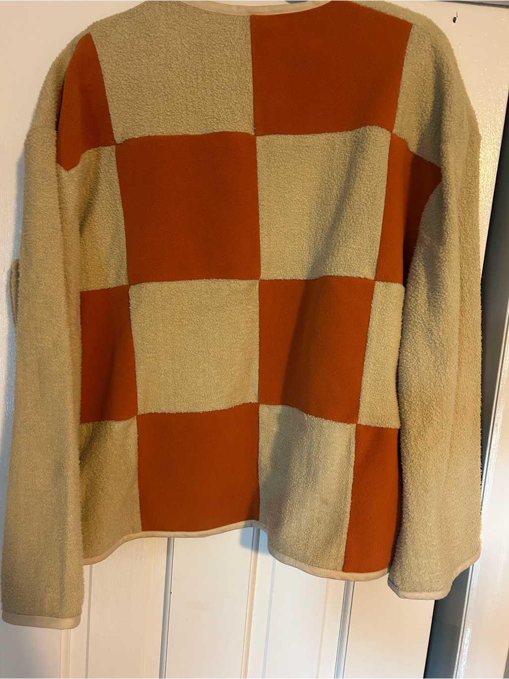 Open-Front Fleece Cardigan In Beige With Rust Patchwork Lining — image 5 of 6